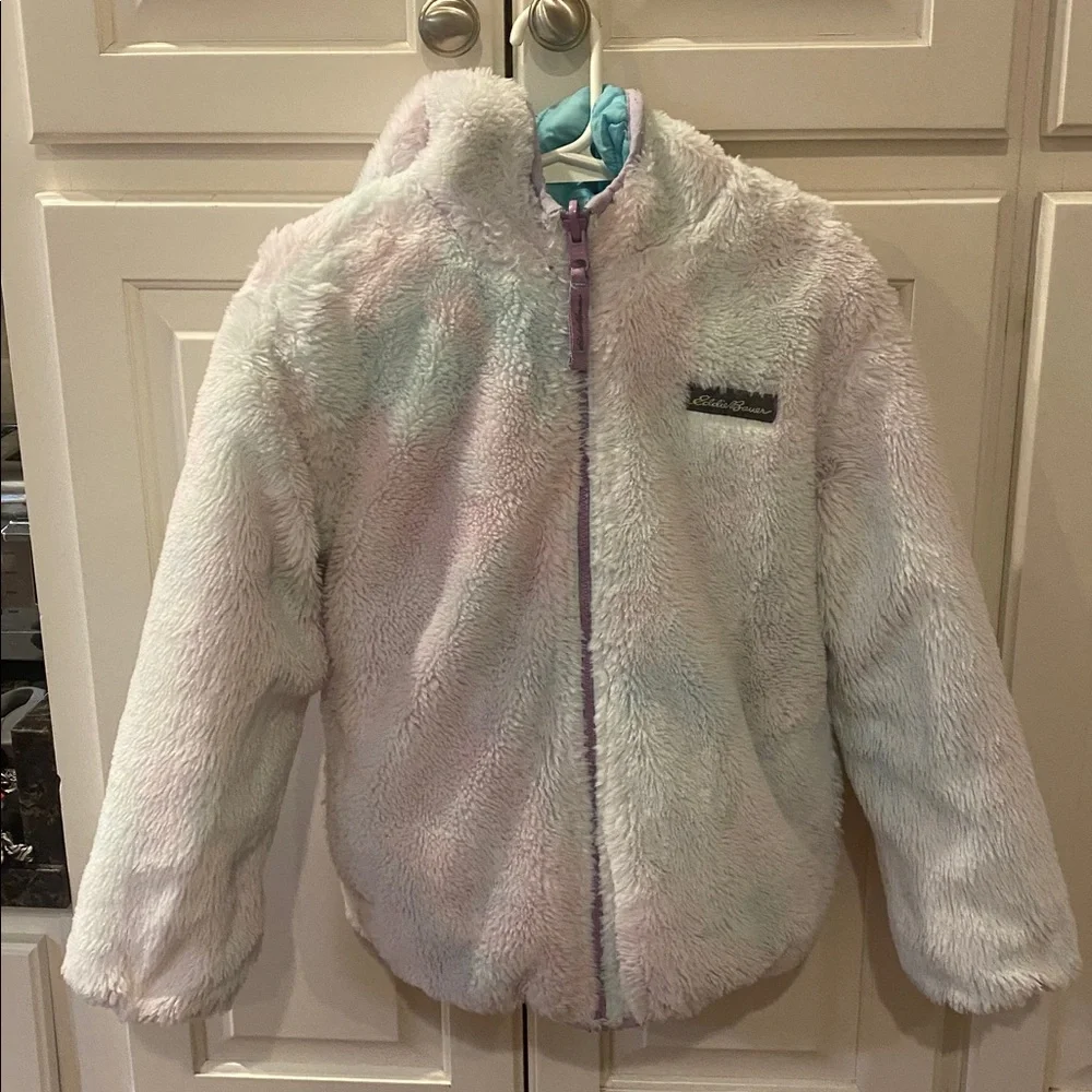 EDDIE BAUER Girls Youth XS 5-6 Reversible Plush Hoodie Zip Jacket Aqua Multi